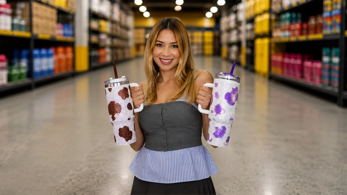 Cliente segurando dois copos térmicos de estampa de vaca em strass, um marrom e um roxo, no corredor da Basil Imports em Caruaru