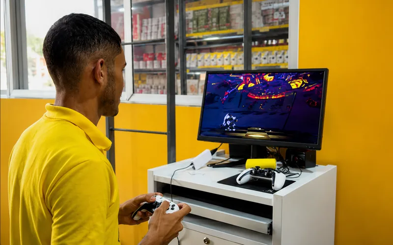 Cliente jogando videogame na área de testes da Basil Imports em Caruaru
