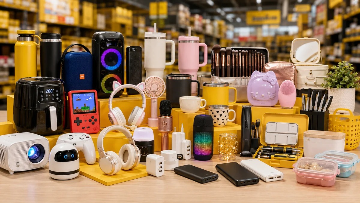 Mesa com dezenas de produtos importados da Basil Imports: air fryer, caixas de som, copos térmicos, fones, projetor, power banks e utilidades domésticas