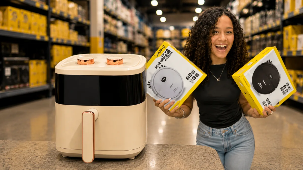 Air fryer sobre bancada ao lado de cliente segurando caixas de robô aspirador na Basil Imports em Caruaru