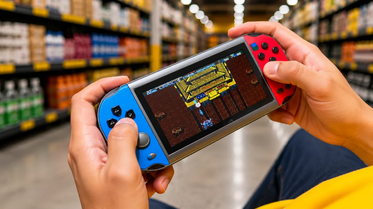 Cliente jogando em video game portátil com controles azul e vermelho no corredor da Basil Imports em Caruaru